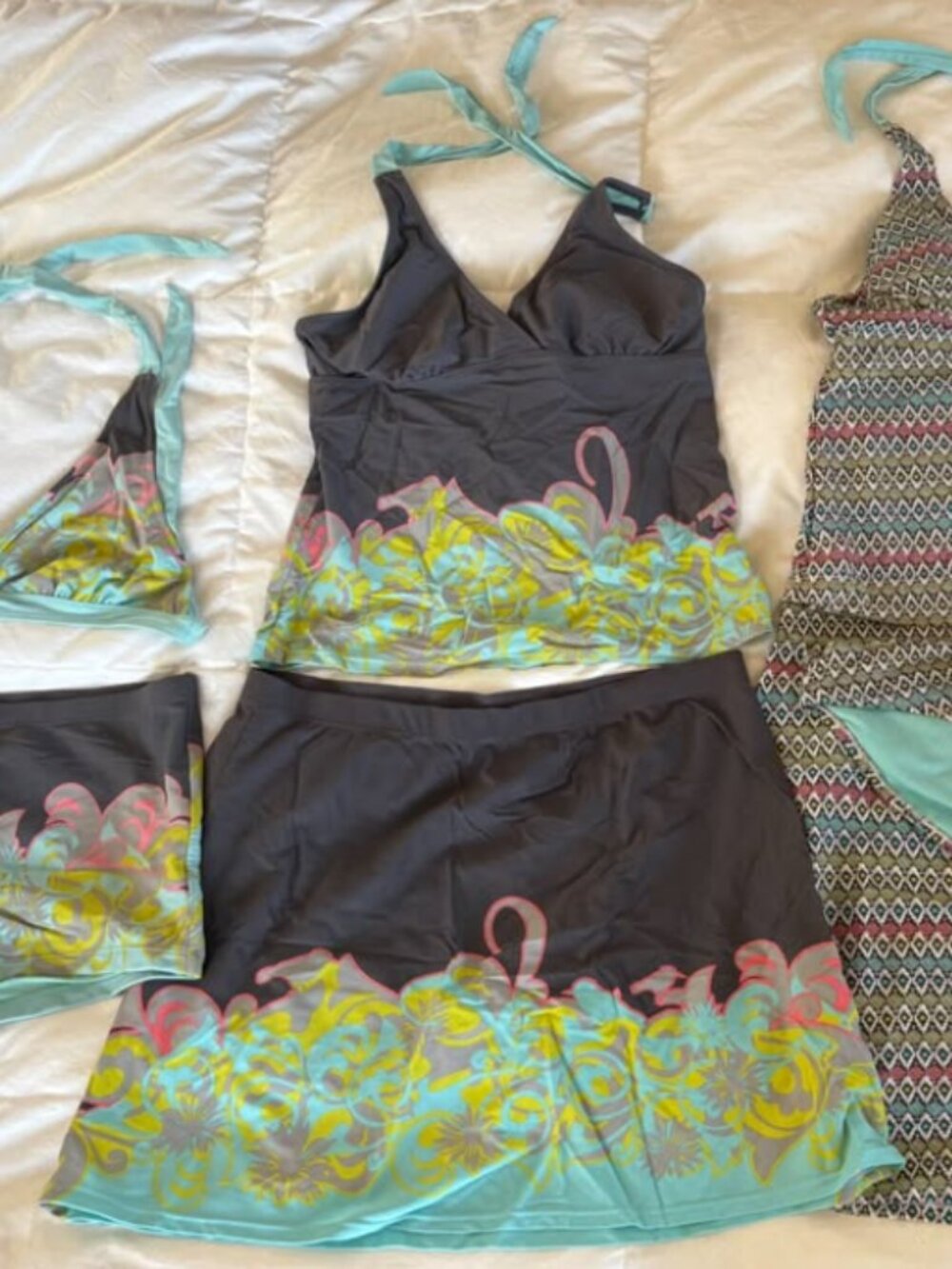 Athleta Gray Tankini with Turquoise and Yellow Floral Border